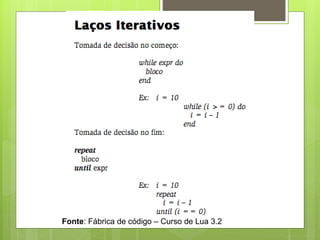 Fonte: Fábrica de código – Curso de Lua 3.2
 