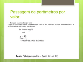 Passagem de parâmetros por
valor
Fonte: Fábrica de código – Curso de Lua 3.2
 