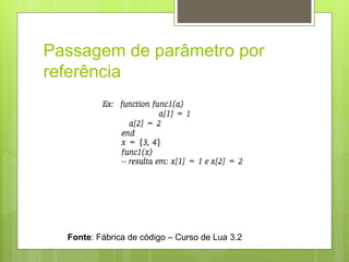 Passagem de parâmetro por
referência
Fonte: Fábrica de código – Curso de Lua 3.2
 