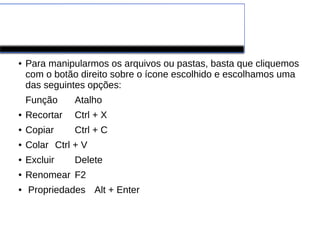 Windows
● Para manipularmos os arquivos ou pastas, basta que cliquemos
com o botão direito sobre o ícone escolhido e escolhamos uma
das seguintes opções:
Função Atalho
● Recortar Ctrl + X
● Copiar Ctrl + C
● Colar Ctrl + V
● Excluir Delete
● Renomear F2
● Propriedades Alt + Enter
 