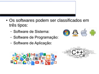Software
● Os softwares podem ser classificados em
três tipos:
– Software de Sistema:
– Software de Programação:
– Software de Aplicação:
 