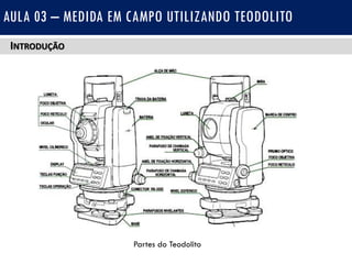 INTRODUÇÃO
AULA 03 – MEDIDA EM CAMPO UTILIZANDO TEODOLITO
Partes do Teodolito
 