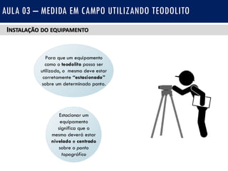 INSTALAÇÃO DO EQUIPAMENTO
AULA 03 – MEDIDA EM CAMPO UTILIZANDO TEODOLITO
Estacionar um
equipamento
significa que o
mesmo deverá estar
nivelado e centrado
sobre o ponto
topográfico
Para que um equipamento
como o teodolito possa ser
utilizado, o mesmo deve estar
corretamente estacionado
sobre um determinado ponto.
 