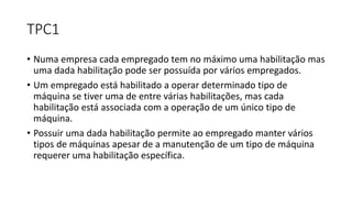 TPC1
• Numa empresa cada empregado tem no máximo uma habilitação mas
uma dada habilitação pode ser possuída por vários empregados.
• Um empregado está habilitado a operar determinado tipo de
máquina se tiver uma de entre várias habilitações, mas cada
habilitação está associada com a operação de um único tipo de
máquina.
• Possuir uma dada habilitação permite ao empregado manter vários
tipos de máquinas apesar de a manutenção de um tipo de máquina
requerer uma habilitação específica.
 