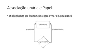 Associação unária e Papel
• O papel pode ser especificado para evitar ambiguidades
funcionário
supervisiona
supervisor supervisionado
1 N
 
