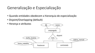 Generalização e Especialização
• Quando entidades obedecem a hierarquia de especialização
• Disjoint/Overlapping (default)
• Herança e atributos
empregado
CC nome
IS-A
freelancer
tarifa_horária
horas_trabalho
contratado
salário_mensal
disjoint
 