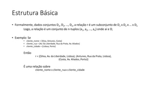 Estrutura Básica
• Formalmente, dados conjuntos D1, D2, …, Dn, a relação r é um subconjunto de D1 x D2 x … x Dn
Logo, a relação é um conjunto de n-tuplos (a1, a2, …, an) onde ai e Di
• Exemplo: Se
• cliente_nome = {Silva, Antunes, Costa}
• cliente_rua = {Av. Da Liberdade, Rua da Prata, Av. Aliados}
• cliente_cidade = {Lisboa, Porto}
Então
r = {(Silva, Av. da Liberdade, Lisboa), (Antunes, Rua da Prata, Lisboa),
(Costa, Av. Aliados, Porto)}
É uma relação sobre
cliente_nome x cliente_rua x cliente_cidade
 