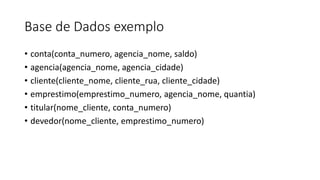 Base de Dados exemplo
• conta(conta_numero, agencia_nome, saldo)
• agencia(agencia_nome, agencia_cidade)
• cliente(cliente_nome, cliente_rua, cliente_cidade)
• emprestimo(emprestimo_numero, agencia_nome, quantia)
• titular(nome_cliente, conta_numero)
• devedor(nome_cliente, emprestimo_numero)
 