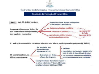 Construindo a Gestão Participativa – Finanças Municipais e Orçamento Público
Relatório da Execução Orçamentária
 
