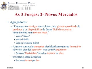 As 3 Forças: 2- Novos Mercados
• Agregadores
– “Empresas ou serviços que coletam uma grande quantidade de
produtos e os disponibiliza de forma fácil de encontrar,
normalmente num mesmo lugar.”
• Varejo “físico”
• Varejo híbrido
• Varejo puramente digital

– Amazon conseguiu aumentar significativamente seu inventário
não com grandes parceiros, mas com os pequenos.
• Amazon “Marketplace” invade o território do eBay.

– Inventário sobre demanda
• Trocando átomos por bits.
28/02/14

21

 
