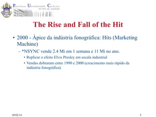 The Rise and Fall of the Hit
• 2000 - Ápice da indústria fonográfica: Hits (Marketing
Machine)
– *NSYNC vende 2.4 Mi em 1 semana e 11 Mi no ano.
• Replicar o efeito Elvis Presley em escala industrial
• Vendas dobraram entre 1990 e 2000 (crescimento mais rápido da
indústria fonográfica)

28/02/14

5

 