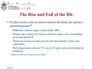 The Rise and Fall of the Hit
• O Que ocorre com os outros setores da mídia de massa e
entretenimento?*
– Bilheteria cinema segue caindo desde 2001.
– Número de Leitores de jornais continua caindo e já é semelhante
ao da década de 60.
– Venda de revistas em bancas tem pior nível desde o início das
estatísticas.
– Participação das redes de TV cai de 3/4 para menos da metade da
audiência.
* Dados de 2006 nos Estados Unidos 2006

28/02/14

8

 