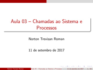 Aula 03 – Chamadas ao Sistema e
Processos
Norton Trevisan Roman
11 de setembro de 2017
Norton Trevisan Roman Aula 03 – Chamadas ao Sistema e Processos 11 de setembro de 2017 1 / 42
 