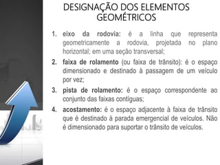 DESIGNAÇÃO DOS ELEMENTOS
GEOMÉTRICOS
1. eixo da rodovia: é a linha que representa
geometricamente a rodovia, projetada no plano
horizontal; em uma seção transversal;
2. faixa de rolamento (ou faixa de trânsito): é o espaço
dimensionado e destinado à passagem de um veículo
por vez;
3. pista de rolamento: é o espaço correspondente ao
conjunto das faixas contíguas;
4. acostamento: é o espaço adjacente à faixa de trânsito
que é destinado à parada emergencial de veículos. Não
é dimensionado para suportar o trânsito de veículos.
 