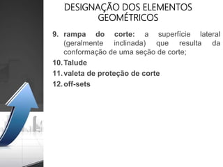 DESIGNAÇÃO DOS ELEMENTOS
GEOMÉTRICOS
9. rampa do corte: a superfície lateral
(geralmente inclinada) que resulta da
conformação de uma seção de corte;
10.Talude
11.valeta de proteção de corte
12.off-sets
 