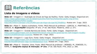 Referências
Lista de imagens e vídeos
Slide 10 – Imagem 3 – Ilustração do Círculo de Fogo do Pacífico. Fonte: Getty Images. Disponível em:
https://www.gettyimages.com.br/detail/ilustra%C3%A7%C3%A3o/the-pacific-ring-of-fire-
ilustra%C3%A7%C3%A3o-royalty-
free/1467704371?phrase=c%C3%ADrculo+de+fogo+do+pac%C3%ADfico. Acesso em: 3 ago. 2023.
Slide 11 – Mapa 3 – Relevo australiano. Fonte: PNLD Manual do professor - GARCIA, V.; MARTINEZ, R.;
GARCIA, W. SuperAÇÃO! Geografia: 9º ano. 1ª ed. São Paulo: Moderna, 2022. p. 271.
Slide 14 – Imagem 4 – Grande Barreira de Corais. Fonte: Getty Images. Disponível em:
https://www.gettyimages.com.br/detail/foto/aerial-view-of-the-great-barrier-reef-imagem-royalty-
free/672343840?phrase=australia. Acesso em: 3 ago. 2023.
Slide 15 – Imagem 5 – Lago Eyre. Fonte: Getty Images. Disponível em:
https://www.gettyimages.com.br/detail/foto/lake-eyre-aerial-image-imagem-royalty-
free/667952089?phrase=lago+eyre&adppopup=true. Acesso em: 3 ago. 2023.
Slide 16 – Mapa 4 – Oceania: clima. Fonte: PNLD Manual do professor - MORAES, M.; PINESSO, D.;
RAMA, A. Geografia espaço & interação: 9º ano. 1ª ed. São Paulo: FTD, 2022. p. 266.
 
