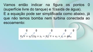 Vamos então indicar na figura os pontos 0
(superfície livre do tanque) e 1(saída de água).
E a equação pode ser simplificada como abaixo, já
que não temos bomba nem turbina conectada ao
escoamento:
36
 