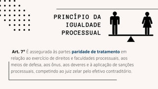 PRINCÍPIO DA
IGUALDADE
PROCESSUAL
Art. 7º É assegurada às partes paridade de tratamento em
relação ao exercício de direitos e faculdades processuais, aos
meios de defesa, aos ônus, aos deveres e à aplicação de sanções
processuais, competindo ao juiz zelar pelo efetivo contraditório.
 