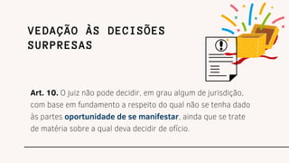 VEDAÇÃO ÀS DECISÕES
SURPRESAS
Art. 10. O juiz não pode decidir, em grau algum de jurisdição,
com base em fundamento a respeito do qual não se tenha dado
às partes oportunidade de se manifestar, ainda que se trate
de matéria sobre a qual deva decidir de ofício.
 