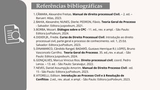 CÂMARA, Alexandre Freitas. Manual de direito processual Civil. – 2. ed. –
Barueri: Atlas, 2023.
1.
BAHIA, Alexandre; NUNES, Dierle; PEDRON, Flávio. Teoria Geral do Processo
- Salvador: Editora Juspodvum, 2021.
2.
BORBA, Mozart. Diálogos sobre o CPC - 11. ed., rev. e ampl. - São Paulo:
Editora JusPodvum, 2024.
3.
DIDIER JR., Fredie. Curso de Direito Processual Civil. Introdução ao direito
processual civil, parte geral e processo de conhecimento. vol. 1, 25 Ed.
Salvador: Editora JusPodium, 2023.
4.
DINAMARCO, Cândido Rangel; BADARÓ, Gustavo Henrique R.I; LOPES, Bruno
Vasconcelo Carrilho. Teoria Geral do Processo. 35. ed.,rev. e atual. - São
Paulo: Editora Juspodvum, 2024.
5.
GONÇALVES, Marcus Vinicius Rios. Direito processual civil; coord. Pedro
Lenza. – 13. ed. - São Paulo: SaraivaJur, 2022.
6.
NEVES, Daniel Assumpção Amorim. Manual de Direito Processo Civil - ed.
15 - São Paulo: Editora JusPodvum, 2023.
7.
VITORELLI, Edilson. Introdução ao Processo Civil e à Resolução de
Conflitos- 2.ed., rev. atual. e ampl. - São Paulo: Editora JusPodvum, 2023.
8.
 