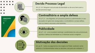 Contraditório e ampla defesa
Art. 5º LV - aos litigantes, em processo judicial ou administrativo, e aos
acusados em geral são assegurados o contraditório e ampla defesa,
com os meios e recursos a ela inerentes;
Devido Processo Legal
Art. 5º, LIV. Ninguém será privado da liberdade ou de seus bens sem o
devido processo legal
Publicidade
Art. 5º - LX - a lei só poderá restringir a publicidade dos atos processuais
quando a defesa da intimidade ou o interesse social o exigirem
Motivação das decisões
Art. 93, IX - todos os julgamentos dos órgãos do Poder Judiciário serão
públicos, e fundamentadas todas as decisões, sob pena de nulidade [...]
 