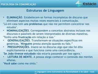 A Linguagem como Instrumento da Racionalidade e do Saber - Aula
PSICOLOGIA DA COMUNICAÇÃO
Estruturas de Linguagem
• ELIMINAÇÃO. Estabelecem-se formas incompletas de discurso que
eliminam aspectos muitas vezes essenciais à comunicação.
"Lá em casa tem uns problemas que não me permitem concentrar nos
estudos".
• NOMINALIZAÇÕES. Correspondem a conceitos abstratos inclusos nos
discursos e passíveis de serem interpretados de diversas maneiras.
"Tenho uma frustração em relação a isso."
• GENERALIZAÇÕES. Transformam-se situações específicas em
genéricas. "Ninguém presta atenção quando eu falo.”
• PRESSUPOSIÇÕES. Insere-se no discurso algo que não foi dito
explicitamente e que funciona como uma concordância.
"Se João tivesse estudado não estaria passando por isso agora."
• LEITURA DE MENTE. A pessoa alega conhecer o conteúdo das mentes
alheias.
"Você sabe como me sinto."
 