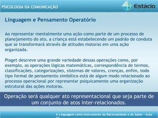 A Linguagem como Instrumento da Racionalidade e do Saber - Aula
PSICOLOGIA DA COMUNICAÇÃO
Linguagem e Pensamento Operatório
Ao representar mentalmente uma ação como parte de um processo de
planejamento do ato, a criança está estabelecendo um padrão de conduta
que se transformará através de atitudes motoras em uma ação
organizada.
Piaget descreve uma grande variedade dessas operações como, por
exemplo, as operações lógicas matemáticas, correspondência de termos,
classificações, categorizações, sistemas de valores, crenças, enfim, todo
tipo formal de pensamento simbólico está de algum modo relacionado ao
processo operacional por representar psiquicamente uma organização
estrutural das ações motoras.
Operação será qualquer ato representacional que seja parte de
um conjunto de atos inter-relacionados.
 