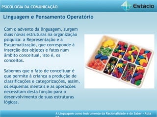 A Linguagem como Instrumento da Racionalidade e do Saber - Aula
PSICOLOGIA DA COMUNICAÇÃO
Linguagem e Pensamento Operatório
Com o advento da linguagem, surgem
duas novas estruturas na organização
psíquica: a Representação e a
Esquematização, que corresponde à
inserção dos objetos e fatos num
âmbito conceitual, isto é, os
conceitos.
Sabemos que o fato de conceituar é
que permite à criança a produção de
classificações e categorizações, assim,
os esquemas mentais e as operações
necessitam desta função para o
desenvolvimento de suas estruturas
lógicas.
 