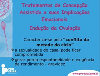 Tratamentos de Concepção Assistida e suas Implicações Emocionais Indução da Ovulação Caracteriza-se pelo  “conflito da  metade do ciclo” a sexualidade do casal pode ficar comprometida gerar perda espontaneidade e exigência de rendimento - gravidez 