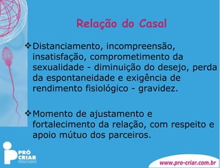 Relação do Casal Distanciamento, incompreensão, insatisfação, comprometimento da sexualidade - diminuição do desejo, perda da espontaneidade e exigência de rendimento fisiológico - gravidez. Momento de ajustamento e fortalecimento da relação, com respeito e apoio mútuo dos parceiros. 