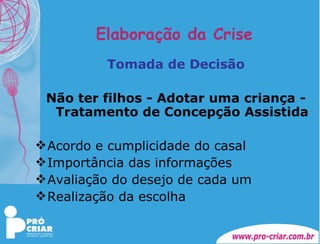 Elaboração da Crise Tomada de Decisão Não ter filhos - Adotar uma criança - Tratamento de Concepção Assistida Acordo e cumplicidade do casal Importância das informações Avaliação do desejo de cada um Realização da escolha 
