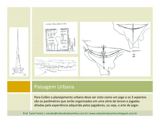 Para	
  Cullen	
  o	
  planejamento	
  urbano	
  deve	
  ser	
  visto	
  como	
  um	
  jogo	
  e	
  os	
  3	
  aspectos	
  
são	
  os	
  parâmetros	
  que	
  serão	
  organizados	
  em	
  uma	
  série	
  de	
  lances	
  e	
  jogadas	
  
ditadas	
  pela	
  experiência	
  adquirida	
  pelos	
  jogadores,	
  ou	
  seja,	
  a	
  arte	
  de	
  jogar.	
  
	
  
Paisagem	
  Urbana	
  
Prof.	
  Carla	
  Freitas	
  |	
  estudio@caliandradesenhos.com.br|	
  www.caliandradesenhos.blogspot.com.br	
  
 