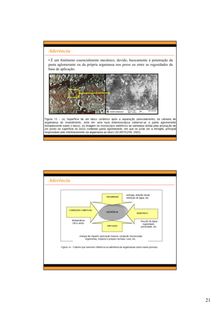 21
Aderência
• É um fenômeno essencialmente mecânico, devido, basicamente à penetração da
pasta aglomerante ou da própria argamassa nos poros ou entre as rugosidades da
base de aplicação.
Aderência
 