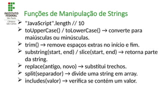 Funções de Manipulação de Strings
 "JavaScript".length // 10
 toUpperCase() / toLowerCase() → converte para
maiúsculas ou minúsculas.
 trim() → remove espaços extras no início e fim.
 substring(start, end) / slice(start, end) → retorna parte
da string.
 replace(antigo, novo) → substitui trechos.
 split(separador) → divide uma string em array.
 includes(valor) → verifica se contém um valor.
 