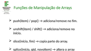Funções de Manipulação de Arrays
 push(item) / pop() → adiciona/remove no fim.
 unshift(item) / shift() → adiciona/remove no
início.
 slice(início, fim) → copia parte do array.
 splice(início, qtd, novoItem) → altera o array
 
