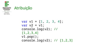 Atribuição
var v1 = [1, 2, 3, 4];
var v2 = v1;
console.log(v2); //
[1,2,3,4]
v1.pop();
console.log(v2); // [1,2,3]
 