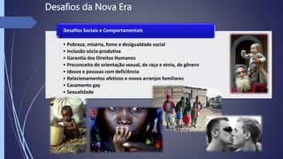 • Pobreza, miséria, fome e desigualdade social
• Inclusão sócio-produtiva
• Garantia dos Direitos Humanos
• Preconceito de orientação sexual, de raça e etnia, de gênero
• Idosos e pessoas com deficiência
• Relacionamentos afetivos e novos arranjos familiares
• Casamento gay
• Sexualidade
Desafios Sociais e Comportamentais
 