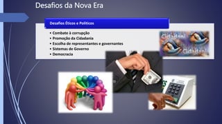 • Combate à corrupção
• Promoção da Cidadania
• Escolha de representantes e governantes
• Sistemas de Governo
• Democracia
Desafios Éticos e Políticos
 