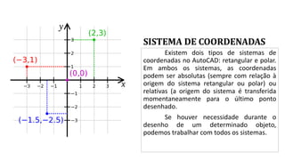 SISTEMA DE COORDENADAS
Existem dois tipos de sistemas de
coordenadas no AutoCAD: retangular e polar.
Em ambos os sistemas, as coordenadas
podem ser absolutas (sempre com relação à
origem do sistema retangular ou polar) ou
relativas (a origem do sistema é transferida
momentaneamente para o último ponto
desenhado.
Se houver necessidade durante o
desenho de um determinado objeto,
podemos trabalhar com todos os sistemas.
 