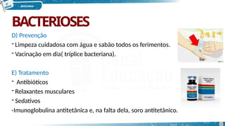 BACTERIOSES
D) Prevenção
- Limpeza cuidadosa com água e sabão todos os ferimentos.
- Vacinação em dia( tríplice bacteriana).
E) Tratamento
- Antibióticos
- Relaxantes musculares
- Sedativos
-Imunoglobulina antitetânica e, na falta dela, soro antitetânico.
10
 