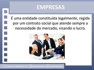 EMPRESAS
É uma entidade constituída legalmente, regida
por um contrato social que atende sempre a
necessidade do mercado, visando o lucro.

 