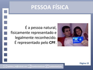 PESSOA FÍSICA
É a pessoa natural,
fisicamente representado e
legalmente reconhecido.
É representado pelo CPF.

Página 15

 
