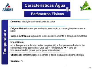 Características Água

                                 Parâmetros Físicos

              Conceito: Medição da intensidade de calor


              Origem Natural: calor por radiação, condução e convecção (atmosfera e
              solo)
Temperatura




              Origem Antrópica: Águas de torres de resfriamento e despejos industriais

              Importância:
              (a) > Temperatura  > taxa das reações; (b) > Temperatura  diminui a
              solubilidade dos gases (ex.: OD); (c) > Temperatura  > taxa de
              transferência dos gases (pode gerar mau cheiro)

              Utilização: caracterização de corpos d’água e águas residuárias brutas

              Unidade: oC

                                                                                         20
 
