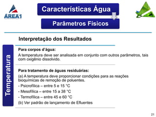 Características Água

                                Parâmetros Físicos

              Interpretação dos Resultados
              Para corpos d’água:
              A temperatura deve ser analisada em conjunto com outros parâmetros, tais
Temperatura




              com oxigênio dissolvido.

              Para tratamento de águas residuárias:
              (a) A temperatura deve proporcionar condições para as reações
              bioquímicas de remoção de poluentes.
              - Psicrofílica – entre 5 e 15 °C
              - Mesofílica – entre 15 a 38 °C
              - Termofílica – entre 45 e 60 °C
              (b) Ver padrão de lançamento de Efluentes

                                                                                         21
 
