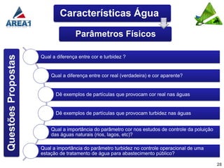 Características Água

                                    Parâmetros Físicos
Questões Propostas



                     Qual a diferença entre cor e turbidez ?


                         Qual a diferença entre cor real (verdadeira) e cor aparente?


                           Dê exemplos de partículas que provocam cor real nas águas


                           Dê exemplos de partículas que provocam turbidez nas águas


                         Qual a importância do parâmetro cor nos estudos de controle da poluição
                         das águas naturais (rios, lagos, etc)?

                     Qual a importância do parâmetro turbidez no controle operacional de uma
                     estação de tratamento de água para abastecimento público?

                                                                                                   28
 