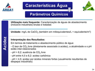 Características Água

                           Parâmetros Químicos

         Utilização mais frequente: Caracterização de águas de abastecimento
         (inclusive industriais) brutas e tratadas


         Unidade: mg/L de CaCO3 (também em miliequivalentes/L = equivalente/m3)
Acidez




         Interpretação dos Resultados:
         Em termos de tratamento e abastecimento público de água:
         - O teor de CO2 livre (diretamente associado à acidez), a alcalinidade e o pH
         estão inter-relacionados
         - pH > 8,2: ausência de CO2 livre
         - pH entre 4,5 e 8,2: acidez carbônica
         - pH < 4,5: acidez por ácidos minerais fortes (usualmente resultantes de
         despejos industriais)


                                                                                         34
 
