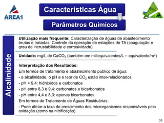 Características Água

                                Parâmetros Químicos

               Utilização mais frequente: Caracterização de águas de abastecimento
               brutas e tratadas. Controle da operação de estações de TA (coagulação e
               grau de incrustabilidade e corrosividade)
Alcalinidade




               Unidade: mg/L de CaCO3 (também em miliequivalentes/L = equivalente/m3)

               Interpretação dos Resultados:
               Em termos de tratamento e abastecimento público de água:
               - a alcalinidade, o pH e o teor de CO2 estão inter-relacionados
               - pH > 9,4: hidróxidos e carbonatos
               - pH entre 8,3 e 9,4: carbonatos e bicarbonatos
               - pH entre 4,4 e 8,3: apenas bicarbonatos
               Em termos de Tratamento de Águas Residuárias:
               - Pode afetar a taxa de crescimento dos microrganismos responsáveis pela
               oxidação (como na nitrificação)

                                                                                          36
 
