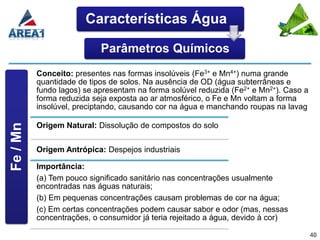 Características Água

                           Parâmetros Químicos
          Conceito: presentes nas formas insolúveis (Fe3+ e Mn4+) numa grande
          quantidade de tipos de solos. Na ausência de OD (água subterrâneas e
          fundo lagos) se apresentam na forma solúvel reduzida (Fe2+ e Mn2+). Caso a
          forma reduzida seja exposta ao ar atmosférico, o Fe e Mn voltam a forma
          insolúvel, preciptando, causando cor na água e manchando roupas na lavag

          Origem Natural: Dissolução de compostos do solo
Fe / Mn




          Origem Antrópica: Despejos industriais

          Importância:
          (a) Tem pouco significado sanitário nas concentrações usualmente
          encontradas nas águas naturais;
          (b) Em pequenas concentrações causam problemas de cor na água;
          (c) Em certas concentrações podem causar sabor e odor (mas, nessas
          concentrações, o consumidor já teria rejeitado a água, devido à cor)

                                                                                       40
 