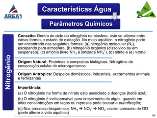 Características Água

                                Parâmetros Químicos
             Conceito: Dentro do ciclo do nitrogênio na biosfera, este se alterna entre
             várias formas e estado de oxidação. No meio aquático, o nitrogênio pode
             ser encontrado nas seguintes formas: (a) nitrogênio molecular (N2),
             escapando para atmosfera, (b) nitrogênio orgânico (dissolvido ou em
             suspensão), (c) amônia (livre NH3 e ionizada NH4+), (d) nitrito e (e) nitrato
Nitrogênio




             Origem Natural: Proteínas e compostos biológicos. Nitrogênio de
             composição celular de microrganismos

             Origem Antrópica: Despejos domésticos, industriais, excrementos animais
             e fertilizantes

             Importância:
             (a) O nitrogênio na forma de nitrato esta associado a doenças (bebê azul);
             (b) O nitrogênio é indispensável para crescimento de algas, quando em
             altas concentrações em lagos ou represas pode causar a eutrofização;
             (c) Nos processo bioquímicos NH3  NO2-  NO3- ocorre consumo de OD
             (pode alterar a vida aquática)
                                                                                             44
 