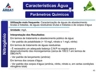 Características Água

                               Parâmetros Químicos
             Utilização mais frequente: Caracterização de águas de abastecimento
             brutas e tratadas, de águas residuárias brutas e tratadas e de corpos d’água

             Unidade: mg/L
Nitrogênio




             Interpretação dos Resultados:
             Em termos de tratamento e abastecimento público de água:
             - Ver padrão de potabilidade (= 10 mg/L nitrato e 1 mg/L nitrito)
             Em termos de tratamento de águas residuárias
             - É necessário um adequado balanço C:N:P no esgoto para o
             desenvolvimento dos microrganismos (cerca de 100:5:1 em termos de
             DBO:N:P)
             - Ver padrão de lançamento (amônia)
             Em termos dos corpos d’água
             - Ver padrão dos corpos d’água (amônia, nitrito, nitrato e, em certas condições
             nitrogênio total)
                                                                                            45
 